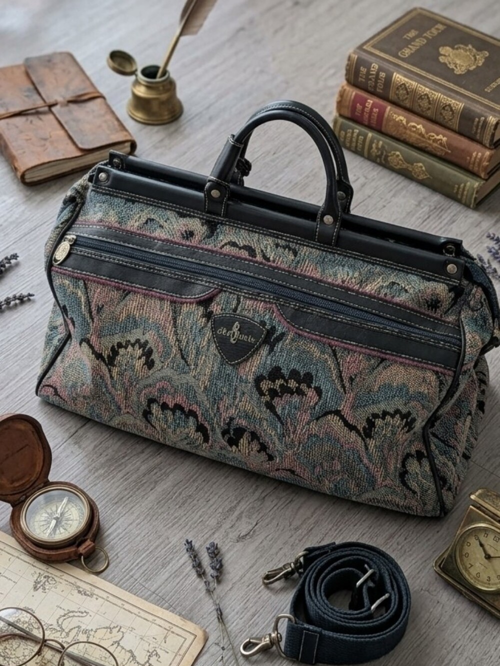 Vintage Atlantic Teal Green Pink Tapestry Weekend Overnight Travel Carry-on Bag